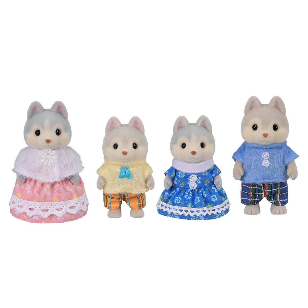Husky Family four husky figures dressed in colorful outfits