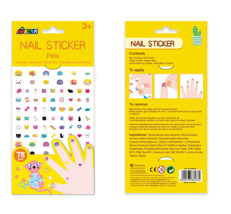 Colorful nail stickers with cute pet designs for kids, easy to apply and perfect for creative fun on fingertips.