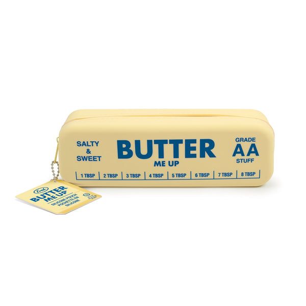 Butter Me Up Pouch yellow butter stick shaped pouch with playful blue lettering and attached recipe tag