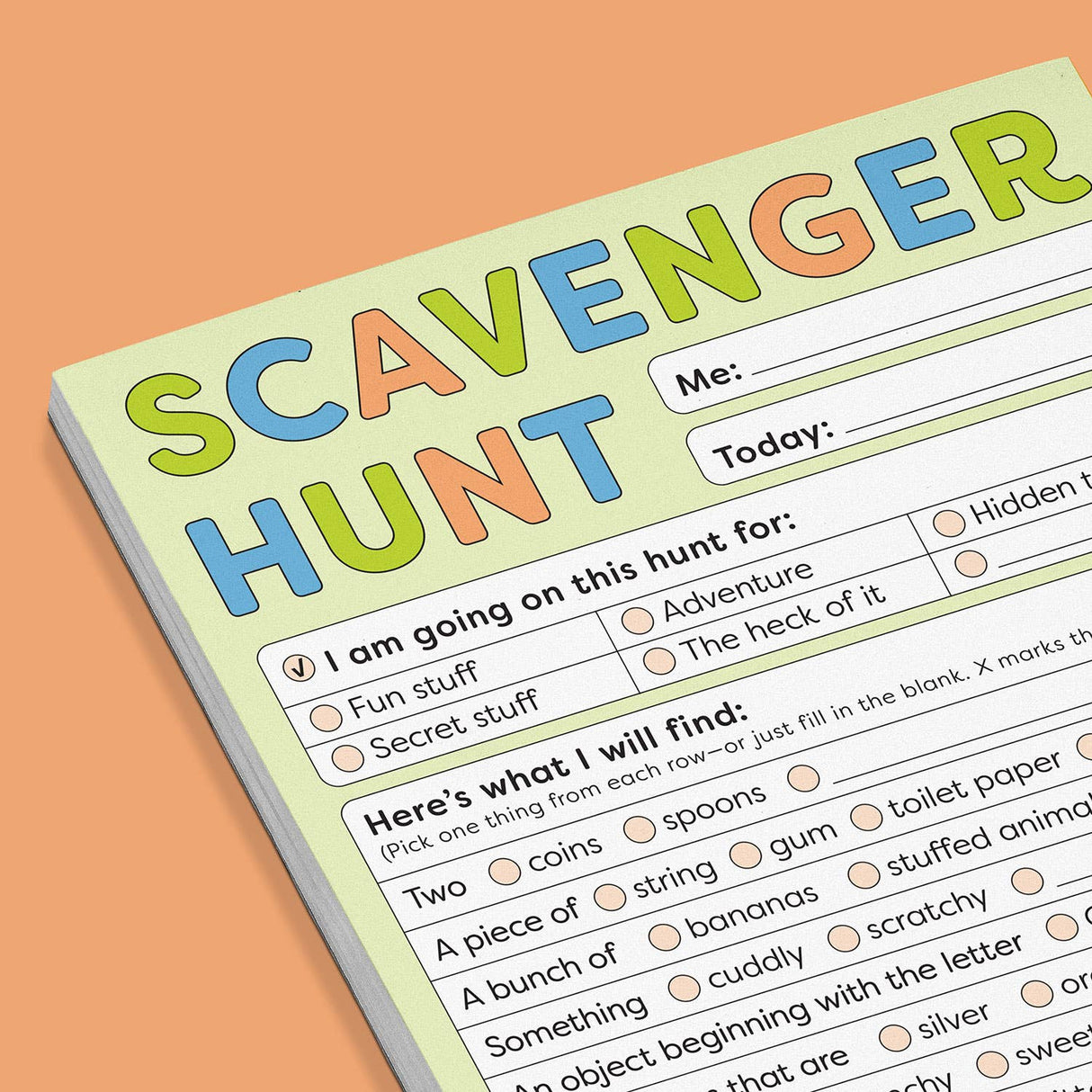 Scavenger hunt pad for kids with checklists and spaces to fill in items to find during indoor or outdoor treasure hunts.