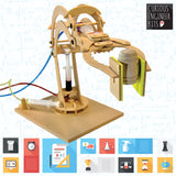 Make a Robotic Arm wooden model with articulated claw and hydraulic syringe mechanism