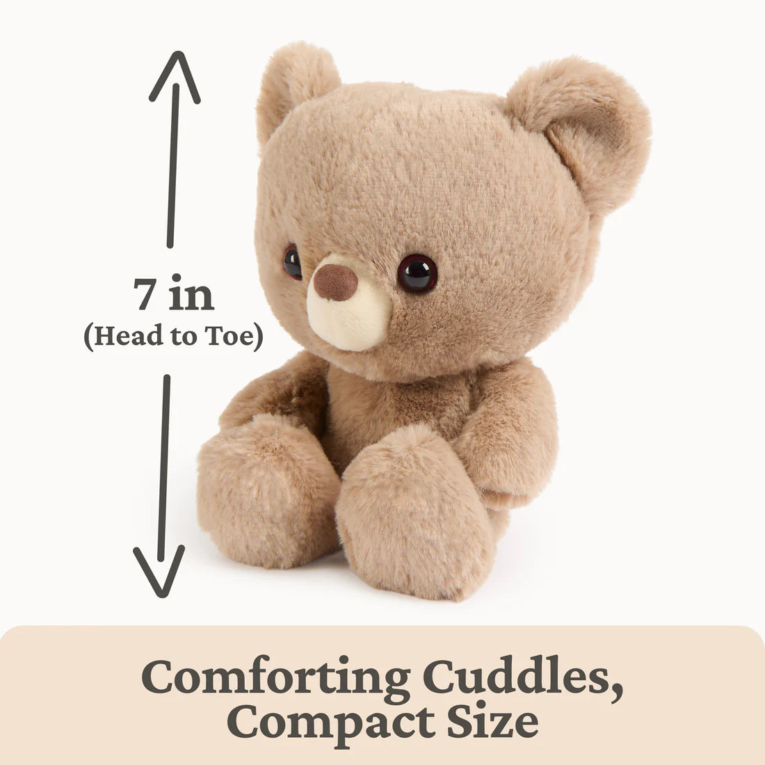 Small soft brown plush bear measuring 7 inches tall, perfect for cuddling and easy to carry.