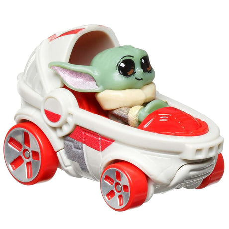 Hot Wheels RacerVerse Vehicle featuring a stylized Baby Yoda character in a white and red die-cast car.