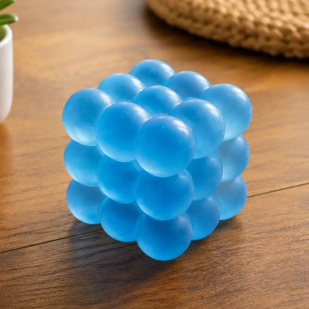 Feelzies Slow Flow Bubble Cube blue bubble cube toy on a wooden table
