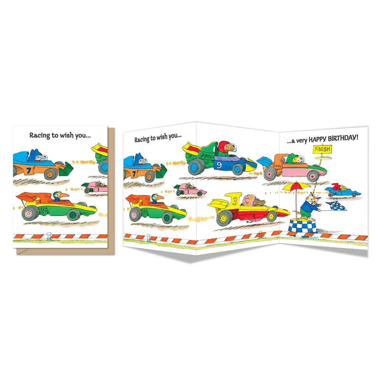Tri-fold birthday card with colorful race cars and animal drivers racing toward finish line celebration.