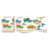 Tri-fold birthday card with colorful race cars and animal drivers racing toward finish line celebration.