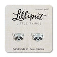 Raccoon Earrings with hypoallergenic titanium posts, handmade in New Orleans, featuring durable fade-proof vibrant print.