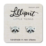 Raccoon Earrings with hypoallergenic titanium posts, handmade in New Orleans, featuring durable fade-proof vibrant print.