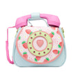 Handbag | Ring Ring Phone Strawberry Fields with pink handset, strawberry print, and rotary dial design on blue bag