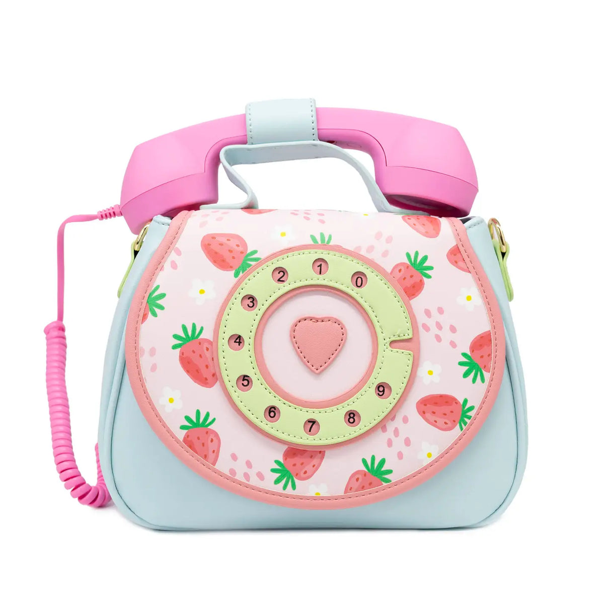 Handbag | Ring Ring Phone Strawberry Fields with pink handset, strawberry print, and rotary dial design on blue bag