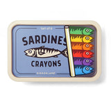 Sardines Crayons set of six colorful fish shaped crayons in a tin