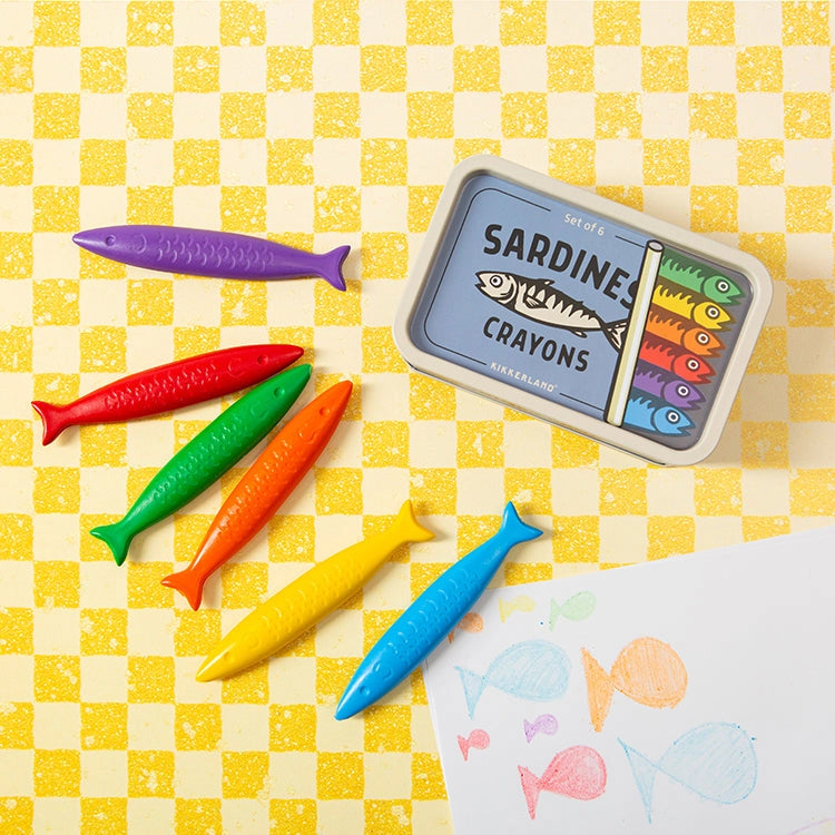 Sardines Crayons colorful fish-shaped crayons in a tin with children's fish drawings