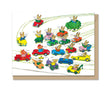Richard Scarry illustration of animals driving colorful cars and vehicles on a white card background