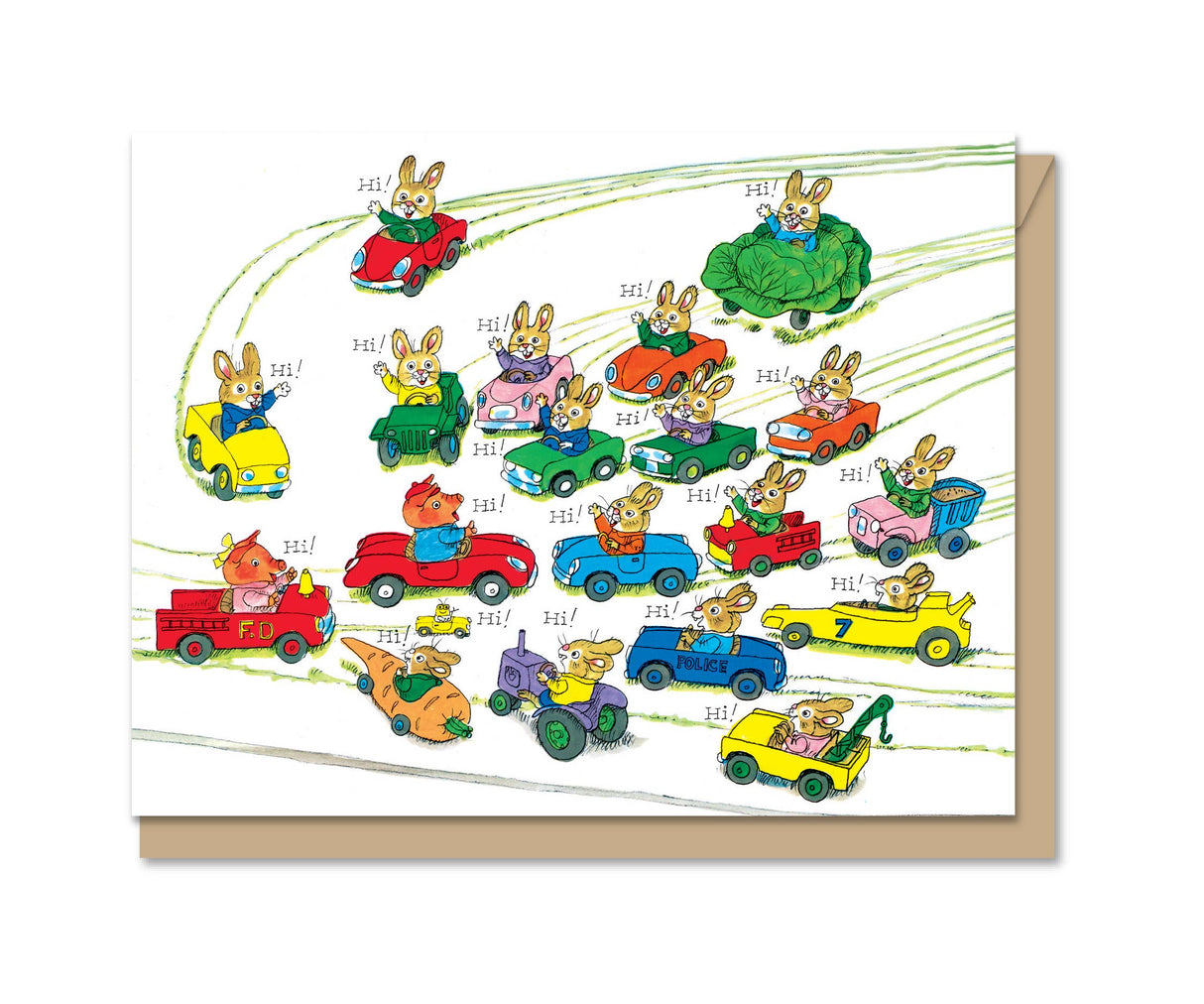 Richard Scarry illustration of animals driving colorful cars and vehicles on a white card background