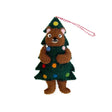 Brown bear dressed as Christmas tree felt ornament with colorful wool decorations and hanging string