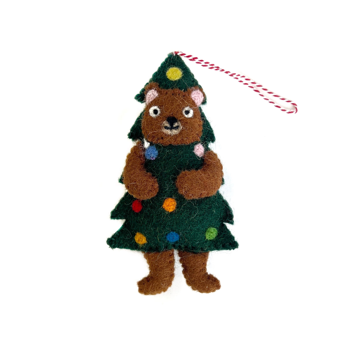 Brown bear dressed as Christmas tree felt ornament with colorful wool decorations and hanging string
