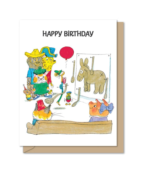 Birthday card with Richard Scarry characters playing pin the tail on a donkey illustration and balloon.