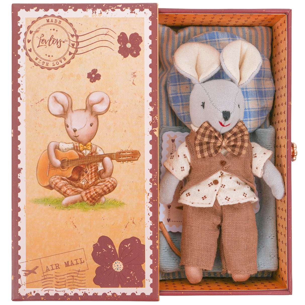 Soft fabric mouse toy dressed in linen vest, checkered bow tie, and patterned shirt inside decorated stamp box