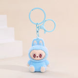 Labubu Flocking Keychain in blue with fuzzy texture and cute smiling character, perfect playful accessory for keys.