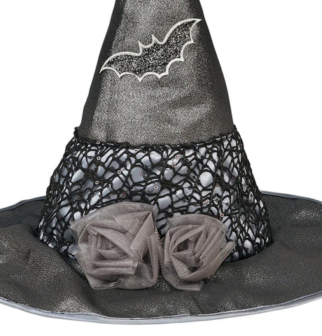Black witch hat with lace band, two tulle flowers, and an embroidered bat for magical dress-up moments.