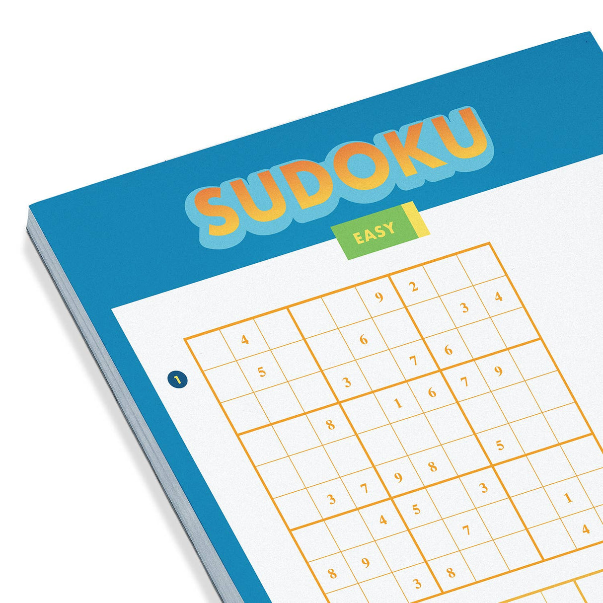 Close-up of easy Sudoku puzzle on a blue game pad for fun car travel activities without screens or batteries