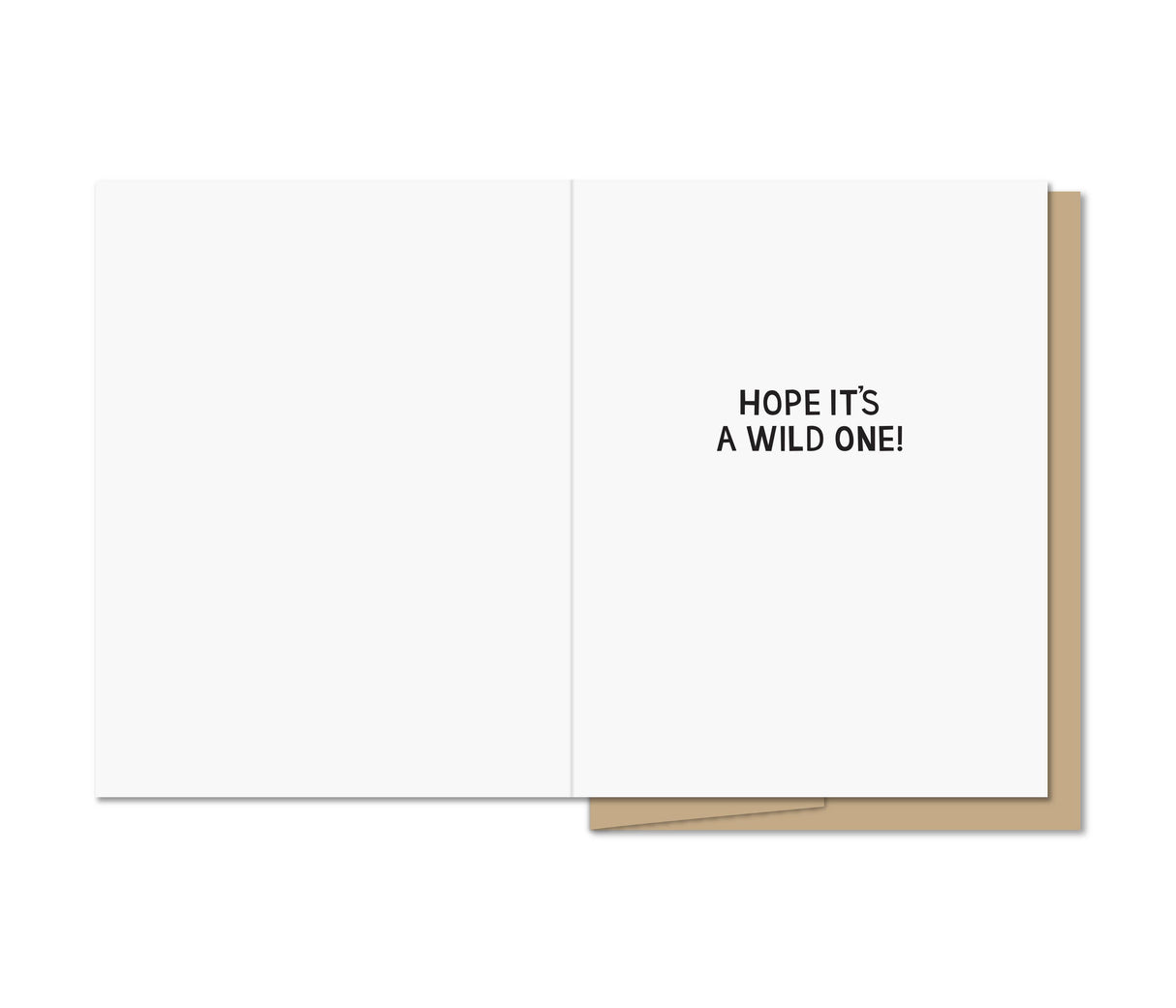 Open birthday card with message "HOPE IT'S A WILD ONE!" inside, resting on a brown envelope.