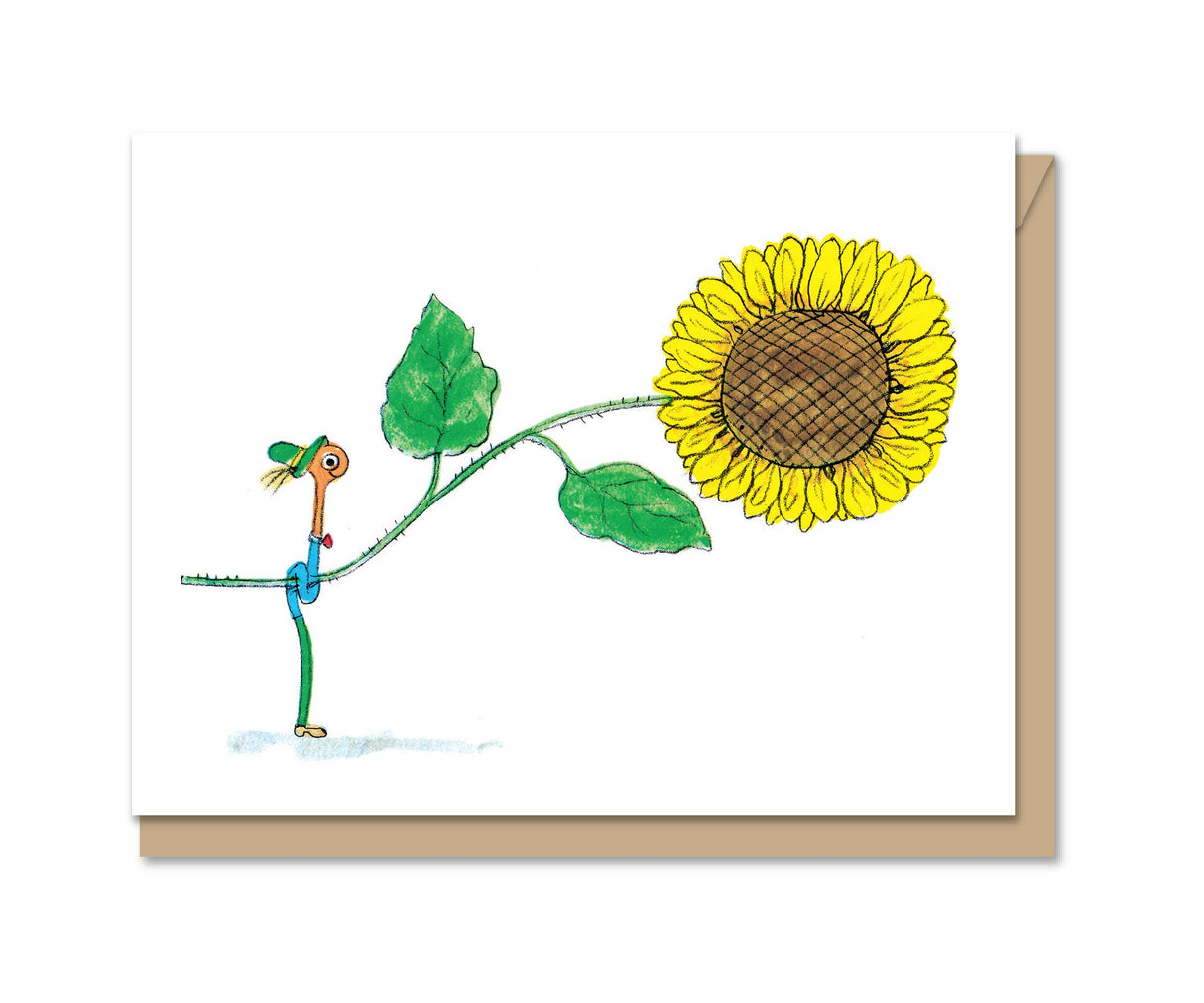 Illustration of Lowly holding a large sunflower on a blank card with kraft recycled envelope on white background