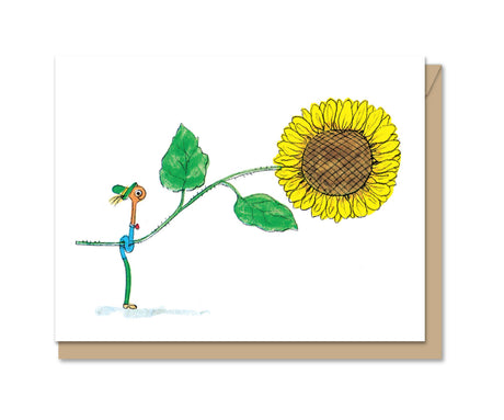 Illustration of Lowly holding a large sunflower on a blank card with kraft recycled envelope on white background