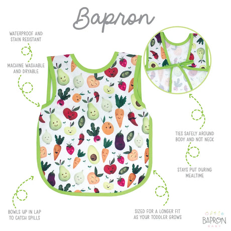 Bapron | Market Fresh 6M-3T toddler bib apron with waterproof, stain-resistant fabric and secure ties for mealtime and play.