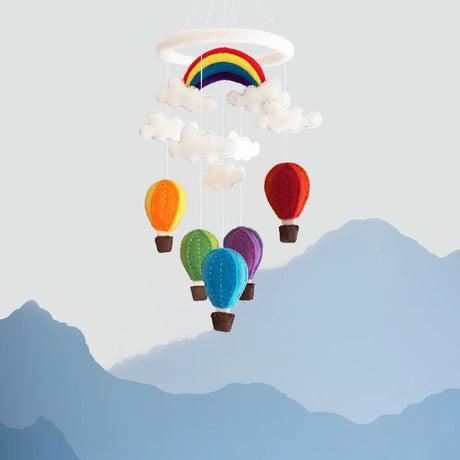 Felt Mobile | Hot Air Balloon with colorful wool hot air balloons, clouds, and rainbow, perfect nursery decor.