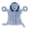 Soft gray plush lion teether buddy with blue mane and two teething rings on each side for soothing gums.