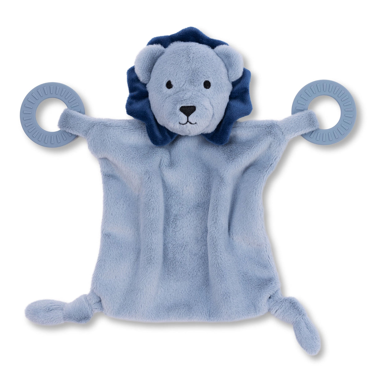 Soft gray plush lion teether buddy with blue mane and two teething rings on each side for soothing gums.