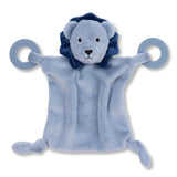 Soft gray plush lion teether buddy with blue mane and two teething rings on each side for soothing gums.
