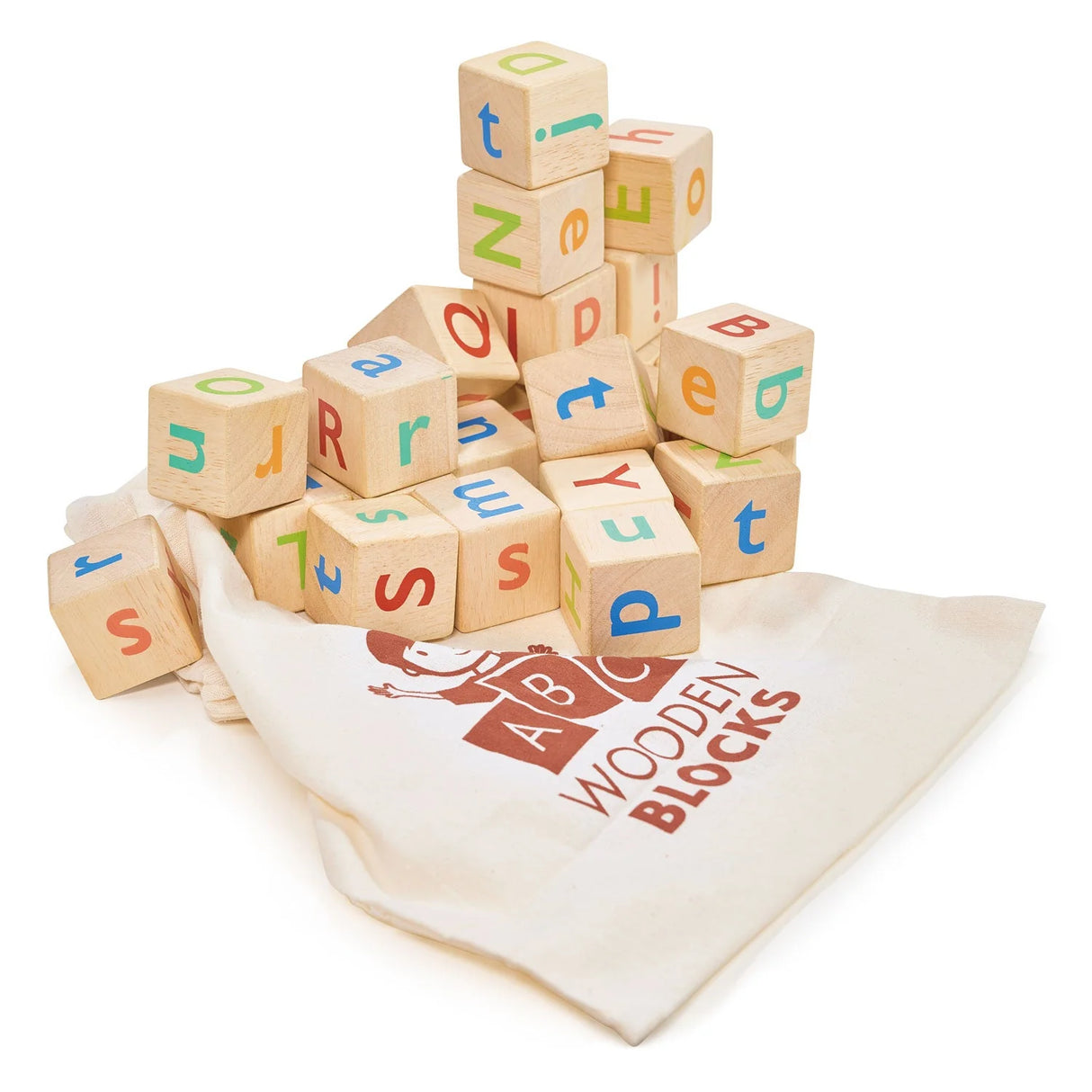 Stack of colorful wooden alphabet blocks spilling out of a cream drawstring bag labeled wooden blocks for children’s learning play