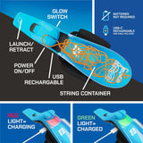 Blue ZipString Aracna webshooter with labeled parts showing USB charging and glow switch features