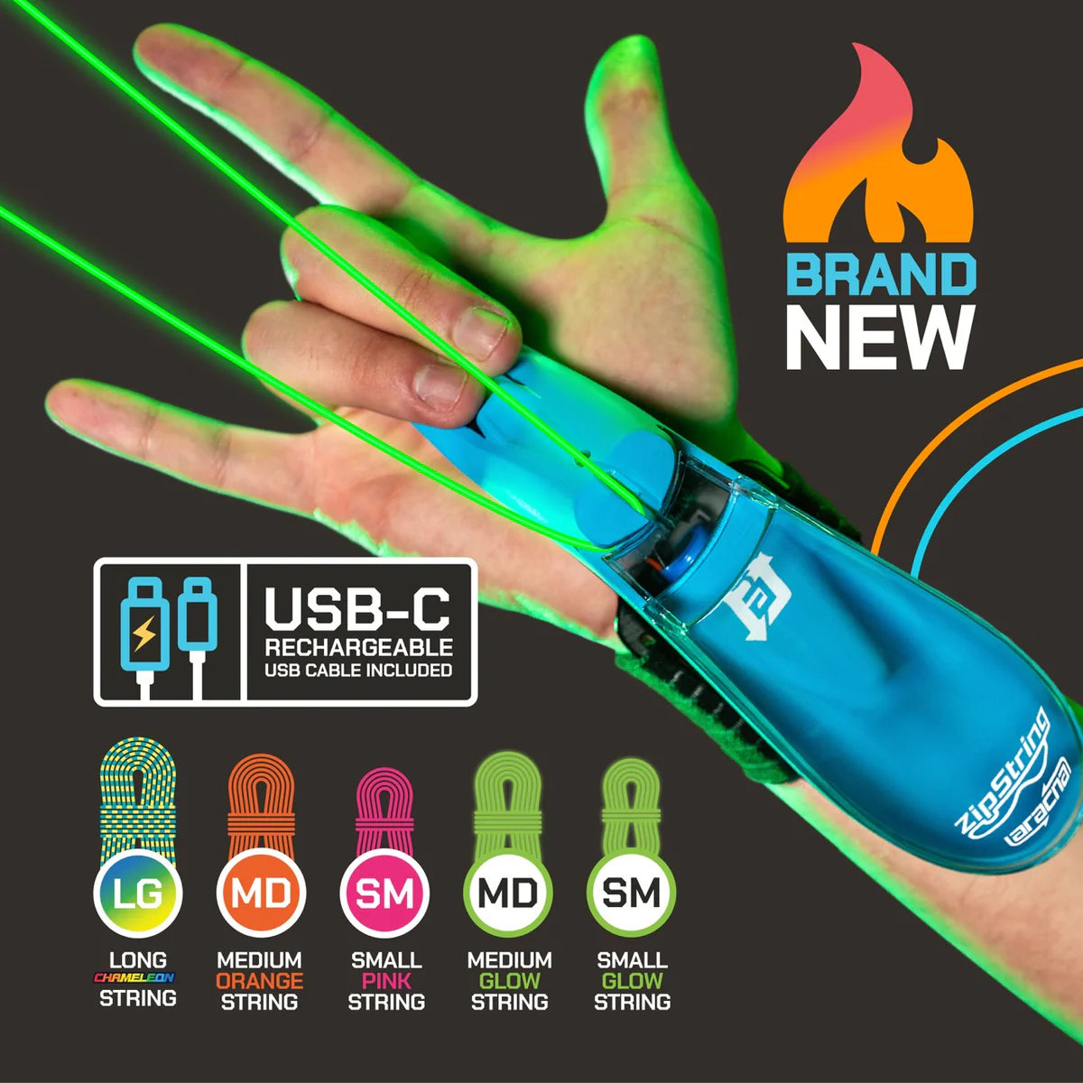 Hand wearing blue ZipString Aracna device shooting glowing green string with USB-C rechargeable and multiple string options shown