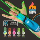 Hand wearing blue ZipString Aracna device shooting glowing green string with USB-C rechargeable and multiple string options shown