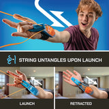 Young man excitedly demonstrating the ZipString Aracna webshooter launching and retracting glowing string loop