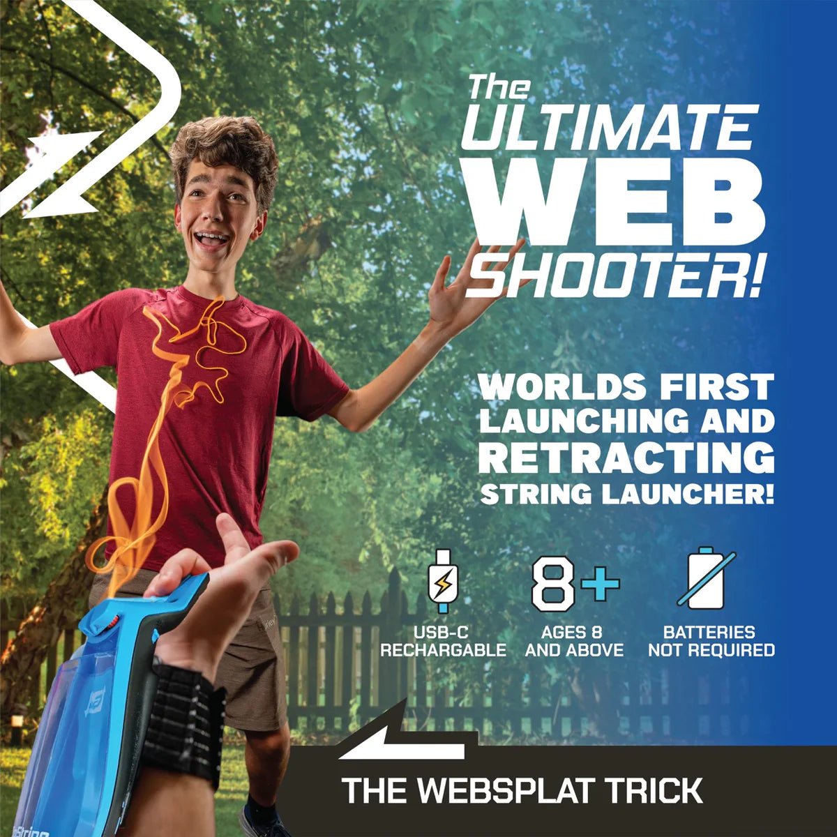Young boy excitedly using a string-launching webshooter outdoors demonstrating fun superhero play with glowing string loops