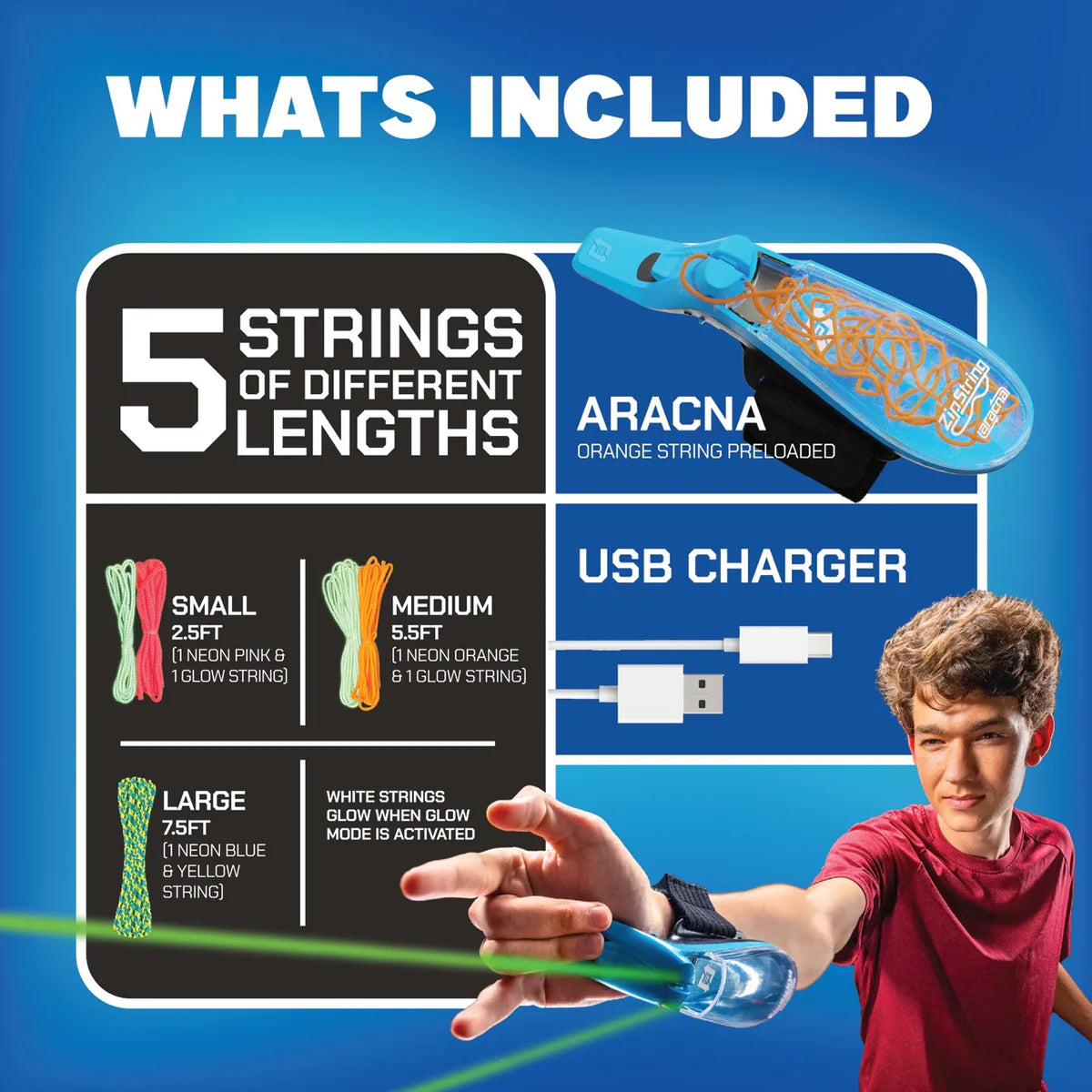 Young boy demonstrating ZipString Aracna webshooter with included glow strings and USB charger on blue background