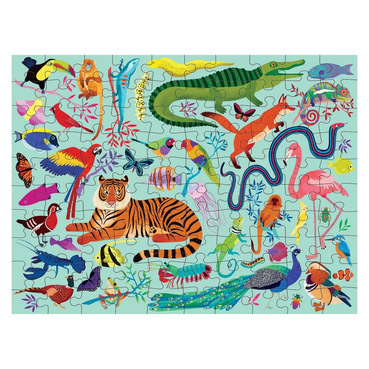 Colorful double-sided puzzle featuring 100 pieces with vibrant animal illustrations in a playful underwater scene