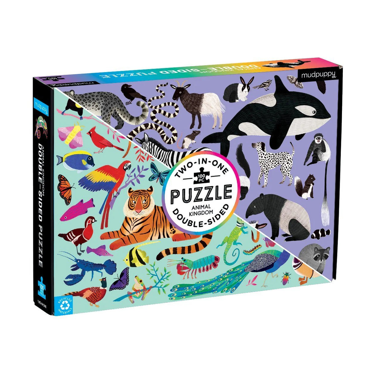 Mudpuppy 100-piece double-sided puzzle featuring colorful and black and white animal illustrations from the Animal Kingdom