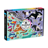 Mudpuppy 100-piece double-sided puzzle featuring colorful and black and white animal illustrations from the Animal Kingdom