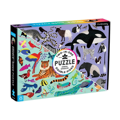 Mudpuppy 100-piece double-sided puzzle featuring colorful and black and white animal illustrations from the Animal Kingdom
