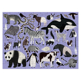 Colorful double-sided 100-piece puzzle featuring illustrated animals like panda, zebra, orca, and penguin on purple background