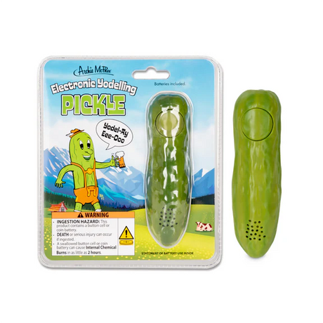 Plastic electronic yodeling pickle toy that plays sounds at the press of a button, batteries included