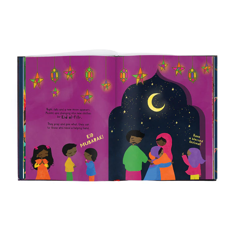Open book with a few simple sentences and a colorful cartoon depiction of Eid celebrations.