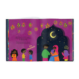 Open book with a few simple sentences and a colorful cartoon depiction of Eid celebrations.