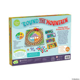 Round the Mountain game box with colorful board game pieces and illustrated play instructions