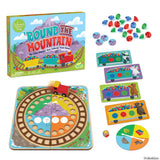 Round the Mountain board game with colorful train pieces cards marbles and mountain themed game board